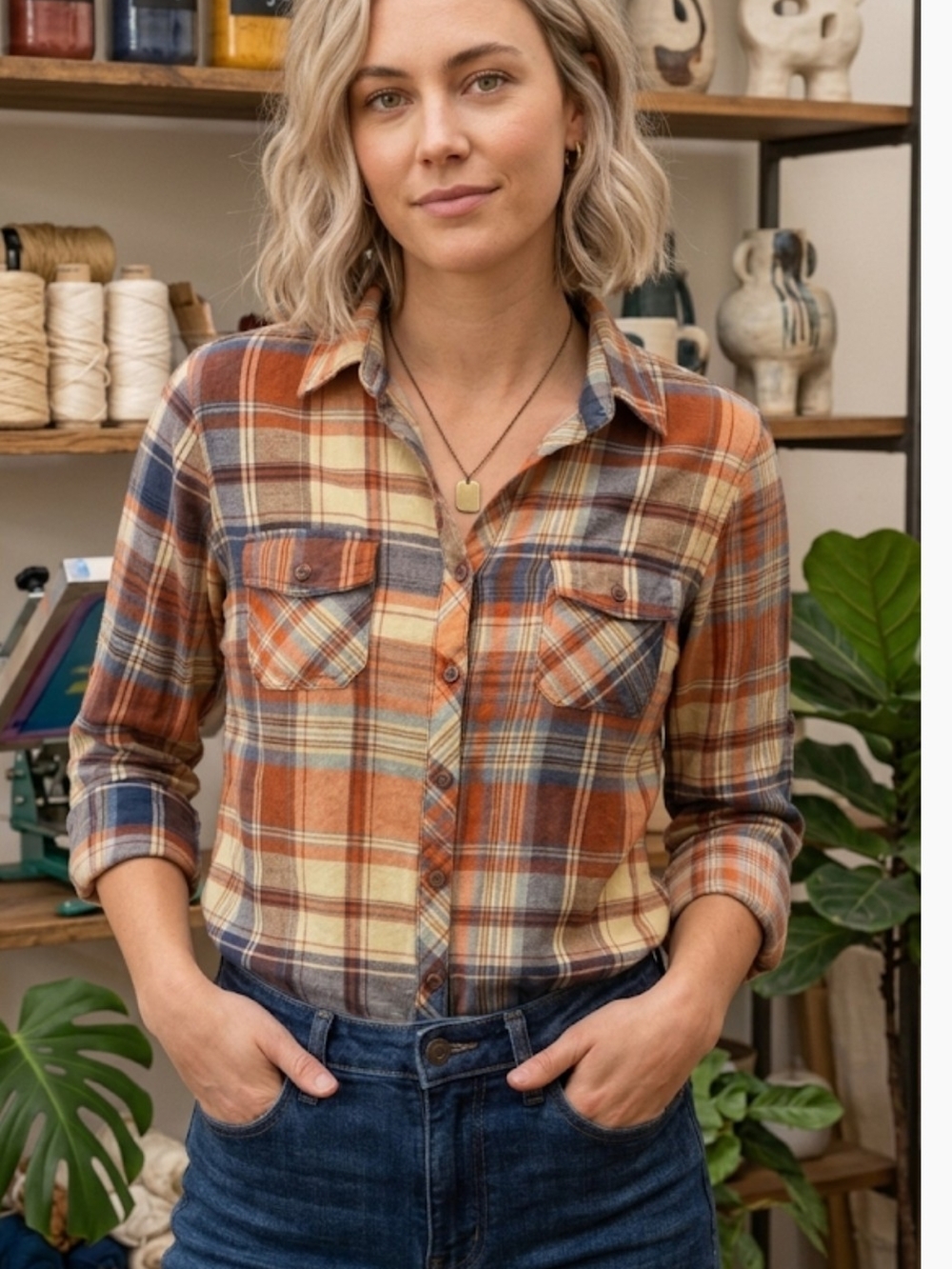 Women's Rust Multi Plaid Button-Down Shirt